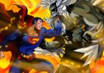  battle black_hair blue_eyes cape commentary dc_comics doomsday_(dc) english_commentary fire glowing glowing_eyes grey_skin male_focus multiple_boys muscle non-anime_related red_cape red_eyes sersiso short_hair spandex spikes superhero superman superman_(series) western_comics 