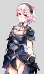  armor bangs black_armor black_gloves black_hairband blush breasts commentary_request cowboy_shot curly_hair expressionless fantasy female_my_unit_(fire_emblem_if) fire_emblem fire_emblem_if gem gloves gold_trim grey_background groin hairband half-closed_eyes highleg lips looking_at_viewer my_unit_(fire_emblem_if) negiwo outstretched_arm parted_lips pink_hair pointy_ears reaching_out red_eyes short_hair short_sleeves simple_background sketch small_breasts solo standing twitter_username wing_collar 