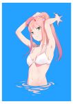  absurdres armpits arms_up blue_background breasts cleavage collarbone darling_in_the_franxx eyebrows_visible_through_hair green_eyes high_ponytail highres horns long_hair navel pink_hair shiny shiny_hair shiny_skin sideboob small_breasts solo tying_hair umumu upper_body white_bikini_top zero_two_(darling_in_the_franxx) 