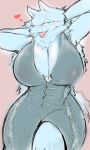  &lt;3 2018 anthro big_breasts blush breasts canine cleavage clothed clothing cocolog female fur green_eyes hands_behind_head huge_breasts kemono looking_at_viewer mammal nipple_bulge nipples open_mouth roko_(cocolog) solo standing thick_thighs voluptuous white_fur wide_hips wolf 