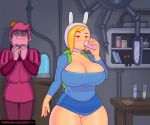  1boy 1girl adventure_time animated animated_gif areolae ass_expansion blonde_hair breast_expansion breasts breasts_outside chelodoy curvy fionna gigantic_breasts nipples pink_hair prince_gumball pussy wide_hips 