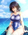  adapted_costume beach black_hair blue_sky blush breasts brown_eyes cloud cloudy_sky collarbone competition_swimsuit day haguro_(kantai_collection) hair_between_eyes hair_ornament kantai_collection large_breasts light_reflection_(water) looking_at_viewer makka_na_kedamono ocean one-piece_swimsuit open_mouth purple_swimsuit rock short_hair sitting sky solo sun sunlight swimsuit water wet 