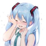  aqua_neckwear blue_hair closed_eyes collarbone crying eyebrows_visible_through_hair hair_between_eyes hair_ornament hatsune_miku long_hair mamemena necktie open_mouth shirt simple_background sleeveless sleeveless_shirt solo tears twintails upper_body vocaloid white_background white_shirt 