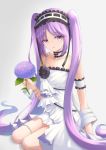  arm_strap bangs bare_arms bare_shoulders black_ribbon bracelet breasts choker collarbone dress euryale eyebrows_visible_through_hair fate/grand_order fate_(series) flower frilled_choker frilled_dress frilled_hairband frills hair_ribbon hairband highres holding holding_flower jewelry kurokku lolita_fashion lolita_hairband long_hair looking_at_viewer open_mouth purple_eyes purple_flower purple_hair ribbon seiza shiny shiny_hair short_dress simple_background single_strap sitting sleeveless sleeveless_dress small_breasts solo thighs twintails very_long_hair white_dress 