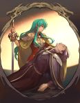  1girl ahoge aqua_eyes aqua_hair aureolin31 breastplate breasts cape cloak closed_eyes closed_mouth earrings eirika eyebrows_visible_through_hair fire_emblem fire_emblem:_seima_no_kouseki highres holding holding_sword holding_weapon jewelry light long_hair looking_away looking_down lyon_(fire_emblem) medium_breasts parted_lips pauldrons picture_frame profile purple_cape purple_hair red_shirt shiny shiny_hair shirt short_sleeves shoulder_armor sidelocks signature sword very_long_hair weapon yellow_cape 