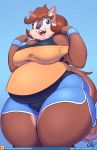  anthro armwear belly big_belly big_breasts blue_eyes breasts brown_fur brown_hair canine clothing dog fangs female fur hair mammal mary_blissany nekocrispy open_mouth overweight overweight_female shirt shorts smile solo thick_thighs wide_hips 