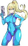  ass_visible_through_thighs bangs blonde_hair blue_bodysuit blue_eyes blush bodysuit breasts commentary covered_navel cowboy_shot cropped_legs enpe eyebrows_visible_through_hair gloves grin gun hair_between_eyes hair_tie hand_on_hip hand_up handgun happy high_ponytail highres hips holding holding_gun holding_weapon impossible_bodysuit impossible_clothes large_breasts long_hair looking_at_viewer metroid paralyzer parted_bangs ponytail samus_aran sidelocks simple_background skin_tight smile solo standing thighs trigger_discipline turtleneck weapon white_background zero_suit 