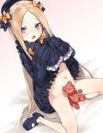 abigail_williams_(fate/grand_order) bangs black_bow black_dress black_hat blonde_hair blush bow commentary_request dress dress_lift fate/grand_order fate_(series) forehead hat long_hair navel no_panties orange_bow parted_bangs polka_dot polka_dot_bow rkrk sitting sleeves_past_fingers sleeves_past_wrists stuffed_animal stuffed_toy teddy_bear white_bloomers 
