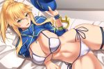  artoria_pendragon_(all) artoria_pendragon_(lancer) bed bikini blonde_hair blush breasts bursting_breasts cleavage commentary_request cosplay crown deep_skin eyebrows_visible_through_hair fate/grand_order fate_(series) green_eyes hair_between_eyes hat hat_removed headwear_removed highres holding holding_hat huge_breasts jacket leg_ribbon long_hair looking_at_viewer lying mysterious_heroine_xx_(foreigner) mysterious_heroine_xx_(foreigner)_(cosplay) navel on_side open_mouth ponytail ribbon shrug_(clothing) shuugetsu_karasu side-tie_bikini sidelocks solo swimsuit white_bikini zipper 