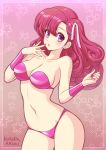  artist_name bangs bare_shoulders bikini breasts cleavage collarbone cowboy_shot curly_hair fingernails hair_between_eyes hair_ribbon kuroda_akimi large_breasts long_hair looking_at_viewer nail_polish navel open_mouth pink_bikini pink_hair pink_nails purple_eyes ran_(urusei_yatsura) ribbon solo star starry_background strapless strapless_bikini swimsuit thighs urusei_yatsura white_ribbon 