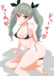  1girl anchovy artist_request ass bare_arms bare_shoulders barefoot bikini black_ribbon blush breasts brown_eyes curvy drill_hair erect_nipples female girls_und_panzer green_hair hair_ribbon huge_ass long_hair looking_at_viewer medium_breasts navel ribbon shiny shiny_skin sitting solo sweat swimsuit translation_request twin_drills twintails 