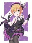  ;d black_gloves black_legwear black_neckwear blonde_hair gloves green_eyes hair_ornament hat head_tilt heart idolmaster idolmaster_cinderella_girls idolmaster_cinderella_girls_starlight_stage index_finger_raised miyamoto_frederica necktie one_eye_closed open_mouth purple_hat shiny shiny_hair short_hair short_necktie sleeveless smile solo sparkle standing striped sutoroa 