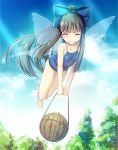  ^_^ alternate_hairstyle bangs bare_arms bare_legs bare_shoulders barefoot black_hair blue_bow blue_sky blue_swimsuit blush bow breasts chima_q closed_eyes collarbone commentary_request competition_swimsuit day eyebrows_visible_through_hair facing_viewer fairy_wings flying food fruit full_body hair_bow holding light_rays long_hair long_ponytail net one-piece_swimsuit outdoors ponytail sky small_breasts smile solo star_sapphire swimsuit thigh_gap thighs touhou tree v_arms very_long_hair watermelon wings 