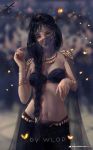  arabian_clothes artist_name bandeau bangle black-haired_girl_(wlop) black_hair blurry blurry_background bracelet braid breasts commentary copyright_name ghostblade green_eyes head_tilt highres jewelry long_hair looking_at_viewer navel solo veil wlop 
