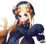  :3 :d abigail_williams_(fate/grand_order) animal_ear_fluff animal_ears bangs black_bow black_dress black_hat blonde_hair blue_eyes blush bow cat_ears cat_girl cat_tail commentary_request dress eyebrows_visible_through_hair fang fate/grand_order fate_(series) hair_bow hands_up hat head_tilt kemonomimi_mode long_hair long_sleeves looking_at_viewer open_mouth orange_bow parted_bangs polka_dot polka_dot_bow simple_background sleeves_past_fingers sleeves_past_wrists smile solo sorrau tail v-shaped_eyebrows very_long_hair whiskers white_background 