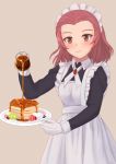  alternate_costume apron blush brown_eyes commentary_request enmaided food food_request fruit girls_und_panzer gloves highres huniend maid maid_apron maid_headdress pancake pink_hair pouring rosehip short_hair smile solo syrup tan_background white_gloves 