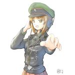  commentary_request eyebrows_visible_through_hair girls_und_panzer hat headphones iron_cross jacket kuromorimine_military_uniform long_sleeves looking_at_viewer medal military military_hat military_uniform nishizumi_miho pale_color peaked_cap silver_trim simple_background solo take_(trude1945oneetyan) throat_microphone uniform white_background 