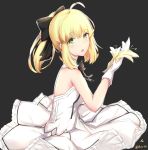  :o ahoge artoria_pendragon_(all) bangs bare_shoulders black_background black_bow blonde_hair blush bow dress eyebrows_visible_through_hair fate/stay_night fate/unlimited_codes fate_(series) flower gloves green_eyes hair_between_eyes hair_bow holding holding_flower looking_at_viewer looking_to_the_side parted_lips pleated_dress ponytail rocm_(nkkf3785) saber_lily sidelocks simple_background sleeveless sleeveless_dress solo twitter_username white_dress white_flower white_gloves yellow_flower 