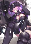  armor armored_dress black_armor black_gloves black_legwear black_leotard breasts cleavage cleavage_cutout commentary_request fate/grand_order fate_(series) gloves gorget holding_shield large_breasts leg_armor leotard looking_at_viewer mash_kyrielight ohland ortenaus pink_hair purple_eyes shield short_hair shoulder_armor sitting solo thighhighs visor_lift vr_visor 