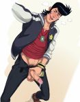  1boy aizenhower blush body_hair cum erection looking_at_viewer male_focus naughty_face penis presenting smile solo space_dandy steam tagme undressing 