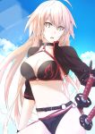  absurdres ahoge belt bikini black_bikini black_gloves blue_sky breasts cleavage cloud collarbone cosmicsnic day fate/grand_order fate_(series) floating_hair gloves hair_between_eyes highres jeanne_d'arc_(alter_swimsuit_berserker) jeanne_d'arc_(fate)_(all) katana large_breasts long_hair looking_at_viewer navel o-ring o-ring_bikini open_mouth outdoors print_bikini_top sheath sheathed shrug_(clothing) silver_hair sky solo standing swimsuit sword very_long_hair weapon yellow_eyes 