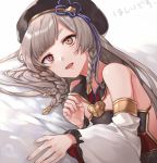  bangs bed_sheet beret black_dress blush braid brown_eyes brown_hair brown_hat collared_dress commentary detached_sleeves dress eyebrows_visible_through_hair fingernails flower_knot granblue_fantasy hair_ornament hat heterochromia long_hair long_sleeves lying on_side parted_lips pholia red_eyes shiao side_braid sidelocks sleeveless sleeveless_dress solo thick_eyebrows translated tri_braids very_long_hair white_background wide_sleeves 