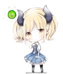  bangs black_legwear blonde_hair blue_dress blush brown_eyes brown_footwear chibi closed_mouth collared_shirt cottontailtokki curled_horns dress eyebrows_visible_through_hair full_body gremory_(shadowverse) head_tilt horns parted_bangs pleated_dress puffy_short_sleeves puffy_sleeves shadowverse shirt short_sleeves smile solo sparkle standing strapless strapless_dress thighhighs twintails white_background white_shirt 