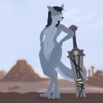  2018 anthro black_hair blizzard_entertainment breasts canine digital_media_(artwork) female full_body fur grey_fur hair hi_res lf mammal melee_weapon nipples nude paws pose presenting pussy solo standing sword video_games warcraft weapon were werewolf wolf worgen 