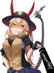 bangs bar_censor black_bra black_gloves black_jacket blue_skirt blurry blush bomber_jacket bra breasts brown_shirt censored collared_shirt commentary_request cuffs demon_horns depth_of_field eyebrows_visible_through_hair fangs fingerless_gloves fur-trimmed_jacket fur_trim girls_frontline gloves hair_between_eyes hat heart heart-shaped_pupils high_collar highres horns jacket korean_commentary long_hair looking_at_viewer m870_(girls_frontline) mechanical_tail miniskirt name_tag open_clothes open_mouth orange_eyes pleated_skirt pointing sd_bigpie shirt sidelocks simple_background skirt solo sweat symbol-shaped_pupils tail taut_clothes taut_shirt twintails underwear white_background 