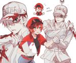  1girl ae-3803 black_eyes blood bloody_clothes cabbie_hat collared_shirt gloves hair_over_one_eye hat hataraku_saibou jacket mery_(apfl0515) package red_blood_cell_(hataraku_saibou) red_jacket shirt shorts simple_background u-1146 uniform white_background white_blood_cell_(hataraku_saibou) white_gloves white_hair white_hat white_skin 