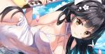  3: azur_lane black_hair blue_hair bokken bow breasts brown_eyes casual_one-piece_swimsuit center_opening cowboy_shot criss-cross_halter hair_bow hair_flaps halterneck large_breasts long_hair lying navel on_side one-piece_swimsuit oryou partially_submerged petals ponytail ribbon solo swimsuit sword takao_(azur_lane) water weapon white_bow white_ribbon white_swimsuit wooden_sword 
