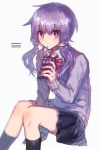  bangs between_legs black_legwear black_skirt blush bow bowtie bright_pupils collared_shirt color_guide commentary danjou_sora drinking_straw eyebrows_visible_through_hair feet_out_of_frame hair_ornament hand_between_legs holding kneehighs long_sleeves miniskirt pleated_skirt purple_eyes purple_hair purple_sweater red_bow red_neckwear shiny shiny_hair shirt short_hair_with_long_locks sidelocks simple_background sitting skirt solo sweater vocaloid voiceroid white_background wing_collar yuzuki_yukari 