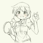  :d blush braid collared_shirt eyebrows_visible_through_hair grey_background greyscale holding long_hair monochrome open_mouth paddle pas_(paxiti) sasorida_sachiko shakunetsu_no_takkyuu_musume shirt short_sleeves simple_background sketch smile solo spot_color table_tennis table_tennis_paddle upper_body wing_collar 