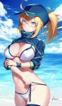  ahoge artist_name artoria_pendragon_(all) baseball_cap bikini blonde_hair blue_eyes blush breasts chestnut_mouth cleavage cloud commentary_request day fate/grand_order fate_(series) hat holding_bikini_bottom jacket kousaki_rui looking_at_viewer medium_breasts mysterious_heroine_xx_(foreigner) open_mouth ponytail shrug_(clothing) sky solo swimsuit thighlet water wet white_bikini 