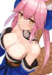  :3 absurdres animal_ear_fluff animal_ears bare_shoulders blue_ribbon blush breasts cleavage fate/extra fate_(series) fox_ears fox_girl fox_tail hair_ribbon highres hoshibudou japanese_clothes large_breasts long_hair pink_hair ribbon simple_background smile solo tail tamamo_(fate)_(all) tamamo_no_mae_(fate) white_background yellow_eyes 