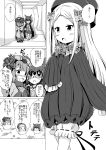  3girls :d abigail_williams_(fate/grand_order) aikawa_ryou bangs bloomers blush bow bug butterfly cloak comic commentary_request dress eyebrows_visible_through_hair fate/grand_order fate_(series) flying_sweatdrops forehead glasses greyscale hair_between_eyes hair_bow hair_ornament hat highres hood hood_up hooded_cloak indoors insect japanese_clothes katsushika_hokusai_(fate/grand_order) kimono long_sleeves monochrome multiple_girls opaque_glasses open_mouth osakabe-hime_(fate/grand_order) parted_bangs pleated_skirt polka_dot polka_dot_bow shirt skirt sleeves_past_fingers sleeves_past_wrists smile sparkle standing thighhighs translation_request underwear 