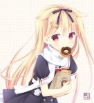  bag black_ribbon black_serafuku blonde_hair commentary_request doughnut enemy_lifebuoy_(kantai_collection) food gradient_hair grey_background hair_flaps hair_ornament hair_ribbon hairclip kantai_collection kurasawa_kyoushou long_hair looking_at_viewer mouth_hold multicolored_hair neckerchief paper_bag polka_dot polka_dot_background red_eyes red_neckwear remodel_(kantai_collection) ribbon sailor_collar scarf school_uniform serafuku solo upper_body white_sailor_collar white_scarf yuudachi_(kantai_collection) 