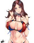  absurdres bangs bikini blue_eyes bracelet breasts brown_hair choker closed_mouth collarbone commentary cowboy_shot eyebrows_visible_through_hair fate/grand_order fate_(series) highres jewelry kisaragi_(legobionicle23) large_breasts leonardo_da_vinci_(fate/grand_order) looking_at_viewer navel parted_bangs shiny shiny_skin signature simple_background skindentation smile solo standing steam steam_from_mouth swimsuit white_background 