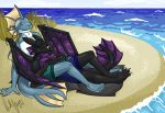  2011 amocin anthro barefoot beach claws clothed clothing cute digital_media_(artwork) dragon duo eyes_closed kangae male male/male outside paws sand scalie sea seaside shorts sky sleeping smile towel water western_dragon 