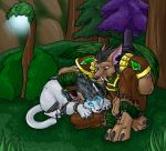  2010 amocin anthro armor blizzard_entertainment canine cat_form claws clothed clothing digital_media_(artwork) druid duo female feral feral_druid fur hair kinar_(amocin) magic_user male mammal outside paws tree tribal_spellcaster video_games warcraft were werewolf wolf worgen worgen_(feral) 