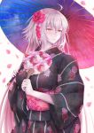  absurdres ahoge alternate_costume bangs black_kimono blurry blush breasts cherry_blossoms closed_mouth commentary_request depth_of_field eyebrows_visible_through_hair falling_petals fan fate/apocrypha fate_(series) fingernails floral_print flower hair_between_eyes hair_flower hair_ornament highres holding holding_fan holding_umbrella japanese_clothes jeanne_d'arc_(alter)_(fate) jeanne_d'arc_(fate)_(all) kanzashi kimono large_breasts long_hair long_sleeves looking_away looking_to_the_side nose_blush obi oriental_umbrella pale_skin paper_fan parasol penguintake pink_flower pink_rose print_kimono print_obi print_umbrella rose sash shiny shiny_hair sidelocks silver_hair simple_background solo space_print standing starry_sky_print striped striped_kimono uchiwa umbrella very_long_hair white_background wide_sleeves yellow_eyes 