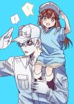  1boy 1girl :d arm_up bangs black_footwear blue_background blue_shirt blush boots brown_eyes brown_hair character_name clothes_writing eyebrows_visible_through_hair flat_cap gloves grey_shorts hair_between_eyes hair_over_one_eye hat hataraku_saibou jacket long_hair long_sleeves looking_at_viewer mery_(apfl0515) open_mouth platelet_(hataraku_saibou) salute shaded_face shirt short_shorts short_sleeves shorts sitting_on_shoulder smile spoken_exclamation_mark u-1146 uniform very_long_hair white_gloves white_hair white_hat white_jacket white_skin wide_sleeves 