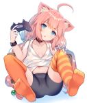  ahoge animal_ears bangs bare_shoulders bike_shorts black_shorts blue_eyes blush breasts cat_ears collarbone commentary_request controller eyebrows_visible_through_hair feet full_body game_controller head_tilt hinata_channel holding long_hair looking_at_viewer low_twintails mismatched_legwear navel nekomiya_hinata no_shoes orange_legwear parted_lips pink_hair rk_(rktorinegi) short_shorts shorts small_breasts soles solo striped striped_legwear tank_top thighhighs twintails very_long_hair virtual_youtuber white_background white_tank_top 