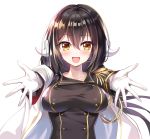  :d azur_lane bangs blush breasts brown_eyes brown_hair brown_jacket cape collarbone curled_horns epaulettes eyebrows_visible_through_hair gloves gold_trim hair_between_eyes highres horns jacket large_breasts long_hair long_sleeves mikasa_(azur_lane) military_jacket open_mouth outstretched_arms sidelocks simple_background smile solo very_long_hair white_background white_cape white_gloves youta 