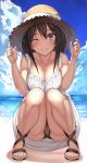  bangs bare_arms bare_legs bare_shoulders beach black_hair black_panties blue_eyes blue_sky blush breasts cleavage cloud collarbone commentary_request day dress eyebrows_visible_through_hair full_body hands_on_headwear hands_up hat knees_together_feet_apart kureha_(ironika) large_breasts legs long_hair ocean one_eye_closed open_mouth original outdoors panties pantyshot pantyshot_(squatting) parted_lips sandals sky sleeveless sleeveless_dress smile solo squatting straw_hat sun_hat sundress teeth toes tsubasa_(kureha) underwear upskirt water white_dress 