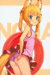  absurdres adjusting_clothes adjusting_swimsuit animal_ears ass bell blonde_hair casual_one-piece_swimsuit fox_ears fox_tail from_behind hair_ornament hairclip highres innertube jingle_bell kemomimi_oukoku_kokuei_housou long_hair looking_back mikoko_(kemomimi_oukoku_kokuei_housou) one-piece_swimsuit pink_swimsuit solo swimsuit swimsuit_skirt tail tam-u twintails virtual_youtuber 