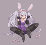  1girl amiba_(amiba00638239) animal_ears azur_lane ball_gag bare_shoulders bdsm black_legwear blush bondage bound bound_arms bound_legs breasts bunny_ears bunnysuit collarbone controller elbow_gloves female full_body gag gagged gloves hairband hands_up heart heart-shaped_pupils laffey_(azur_lane) leotard long_hair medium_breasts pantyhose pink_eyes purple_background purple_gloves purple_leotard pussy_juice red_hairband remote_control remote_control_vibrator shiny shiny_clothes silver_hair simple_background sitting solo spread_legs strapless strapless_leotard symbol-shaped_pupils tied_hair twintails vibrator vibrator_cord vibrator_under_clothes wet wet_clothes 