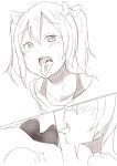  1girl absurdres blush bow clip_(368806sd) giantess hair_bow highres monochrome open_mouth original tongue tongue_out twintails uvula vore 