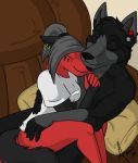  2011 amocin anthro black_nose bottomless breasts canine clothed clothing cuddling cute digital_media_(artwork) duo eyes_closed female fur hair inside male mammal nude smile sofa wolf 