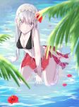  1girl anastasia_(fate/grand_order) barefoot between_legs black_bikini_top blurry blurry_background braid breasts cleavage collarbone crown_braid day eyebrows_visible_through_hair fate/grand_order fate_(series) flower green_eyes hand_between_legs hibiscus highres kneeling lens_flare long_hair looking_at_viewer medium_breasts oriuo_q outdoors petals red_hair sarong see-through silver_hair solo very_long_hair 